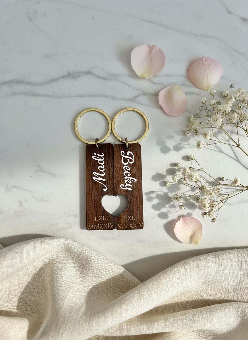 Personalised Heart Keychain Set - Couples Gift, Bestfriend Name And Date